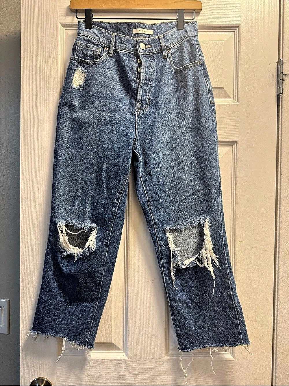 PacSun Mom Jeans Distressed Straight Leg Jeans in Blue Waist 25